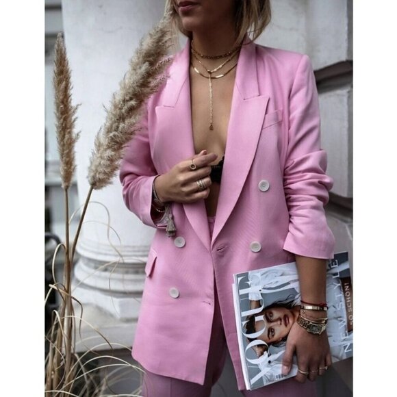 Zara Oversized Pink Double Breasted Blazer Jacket - Size: Large - Picture 9 of 14